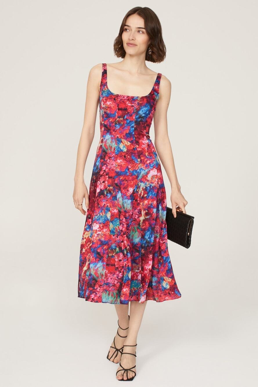 Donna Karan Sz 4 Godet Watercolor Floral Print Satin Square Neck Tank Midi Dress